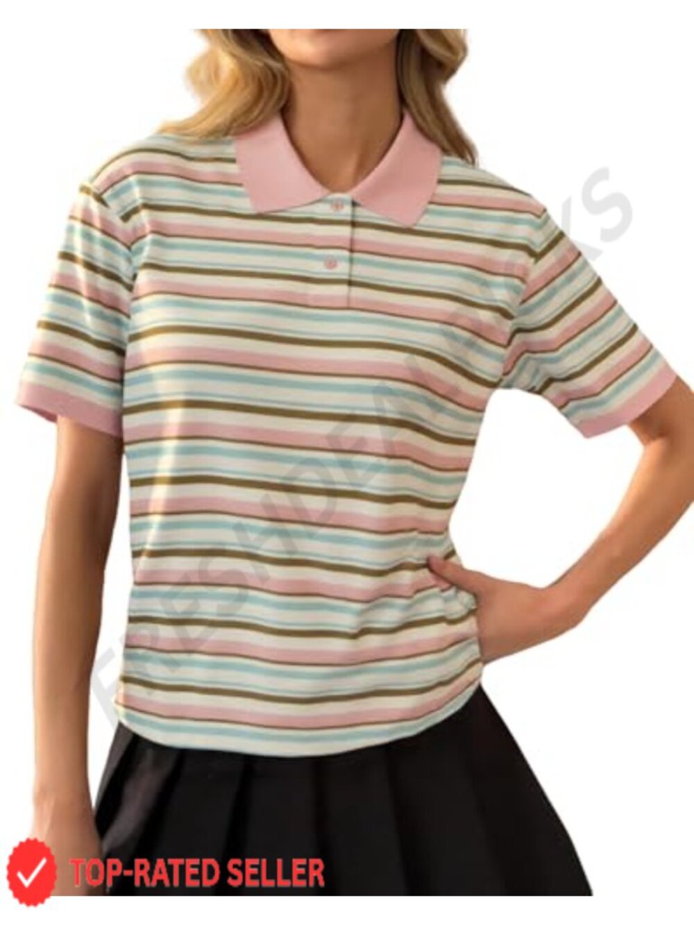 Y2K Striped Colorblock Button Up Polo Shirt Short Sleeve Loose Fit Preppy Tee